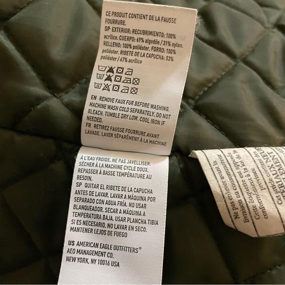 American eagle faux fur hooded sherpa lined quitted army green parka size M - Picture 14 of 15